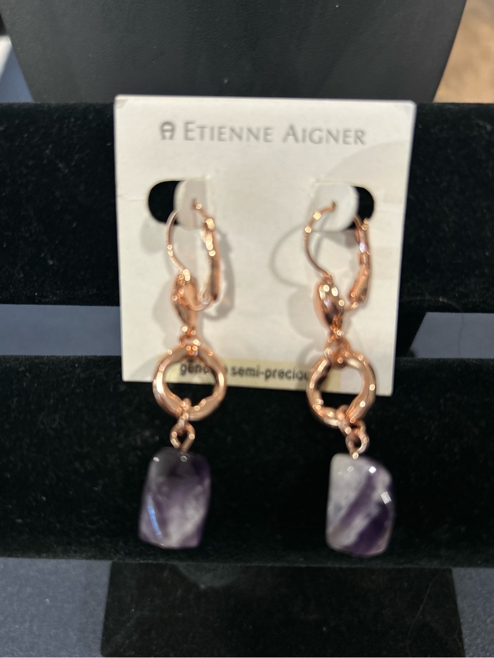 Etienne Aigner Rose Gold & Semi Precious Purple Amethyst Dangle Earrings - Picture 2 of 5